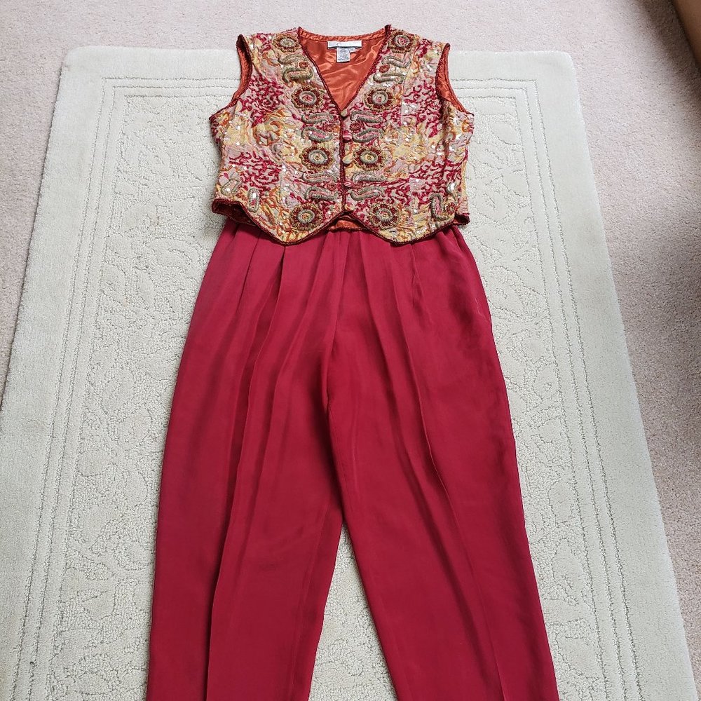Vintage Class Silk Trousers with Embroidered Beaded Vest Set Sz14